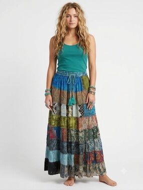 11. Boho Patchwork Sari Silk Maxi Skirt Festival Hippie Gypsy One Size India